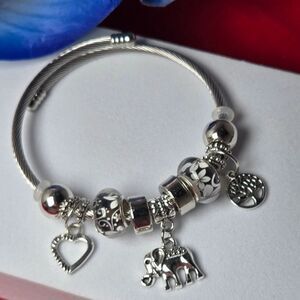 Silver Elephant Bangle Charm Bracelet Tree of Life Resin Beads Boho Stackable